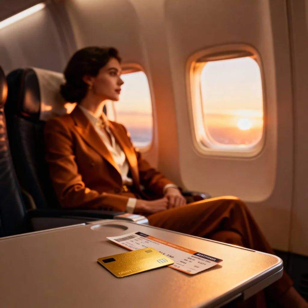 Business Class Reisende am Fenster Business Class Reisende schaut aus dem Fenster bei Sonnenuntergang – Premium Travel Symbolbild