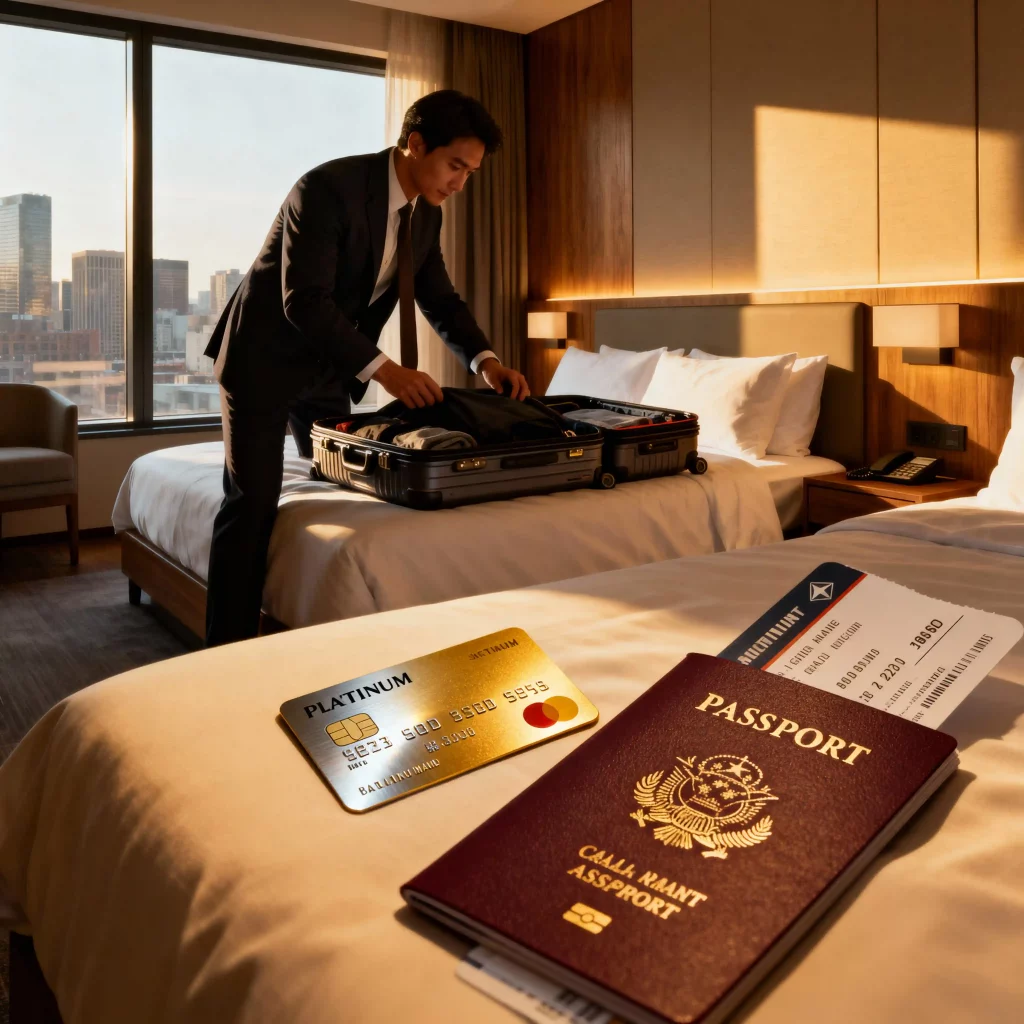 Geschäftsreisender packt in einem modernen Hotelzimmer seinen Koffer, im Vordergrund liegen eine Platinum Kreditkarte, ein Reisepass und ein Flugticket – Symbolbild für Amex Platinum Hotelstatus und Reisevorteile.