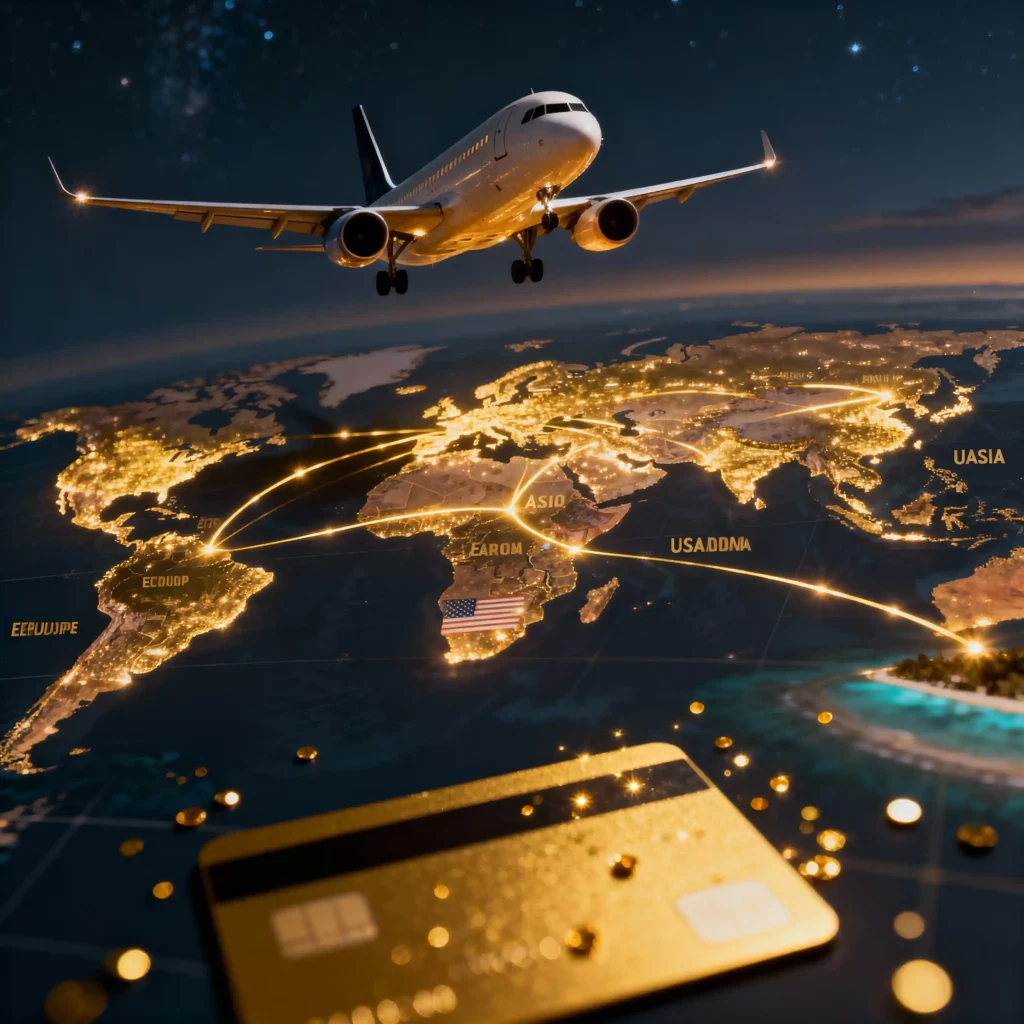 Flugzeug über leuchtender Weltkarte mit Reiserouten – Symbolbild für Amex Punkte Sweet Spots